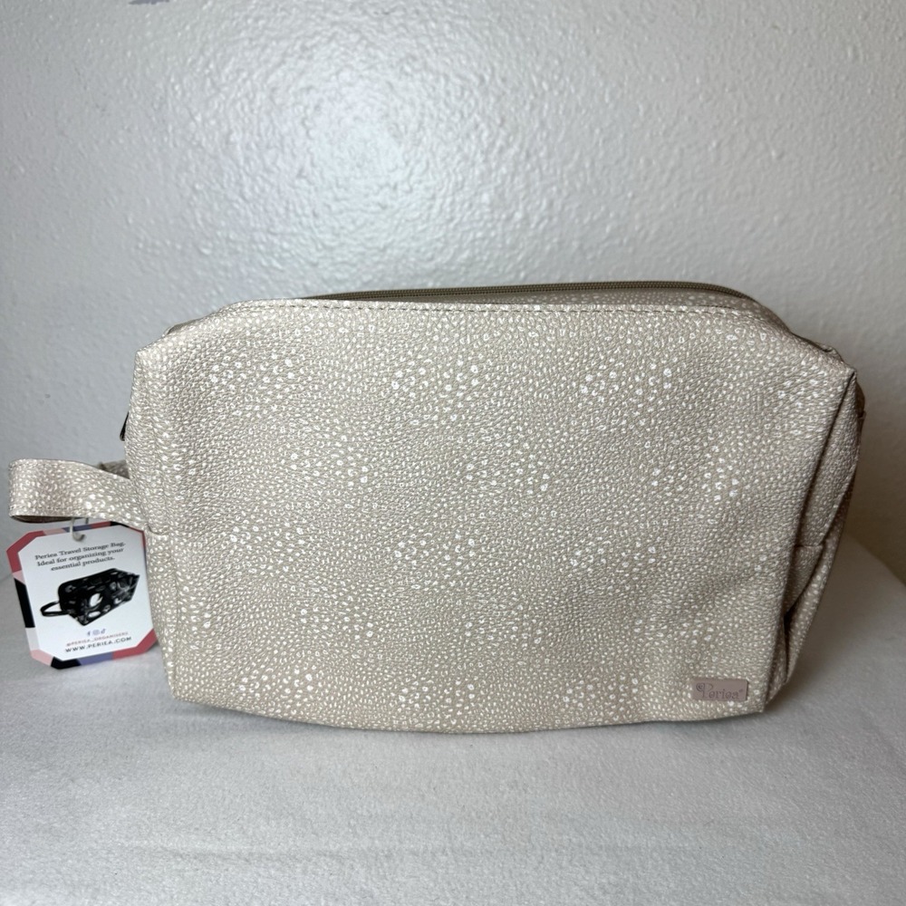 Periea Travel Storage Toiletry Bag Beige White Leopard Animal Print